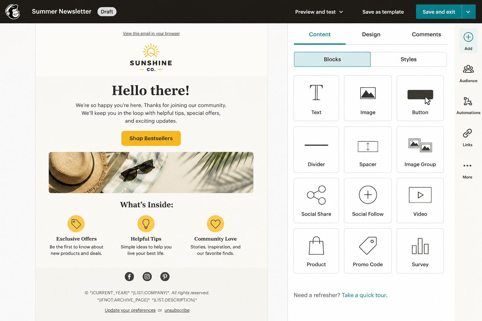Mailchimp drag-and-drop email editor showing a Summer Newsletter template with content blocks