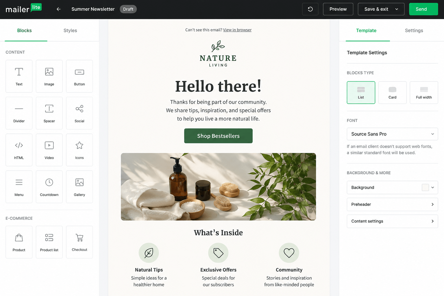 MailerLite drag-and-drop email editor showing a Summer Newsletter draft with content blocks